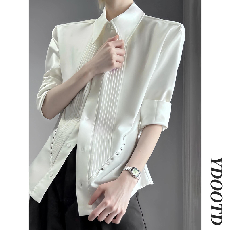 Palace-Style Fishbone Shoulder Pad Pleated Waist-Cinching Studded Three-Quarter Sleeve Short White Shirt with a High-End Feel, Unisex Shirt