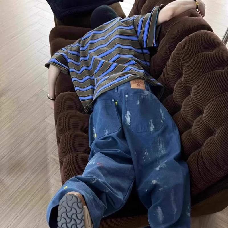 Джинсовая рубашка 重磅紫色条纹短袖t恤cleanfit美式休闲半袖上衣高级感小领口体恤