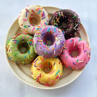 Cake donuts chocolate strawberry milk mango blueberry matcha flavor breakfast cake shop table snacks