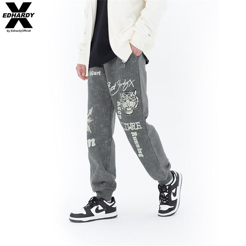 Edhardyx Autumn Rhinestone Tiger Head Vintage Snowflake Washed Rock Knit Long Pants Sweatpants Casual Pants