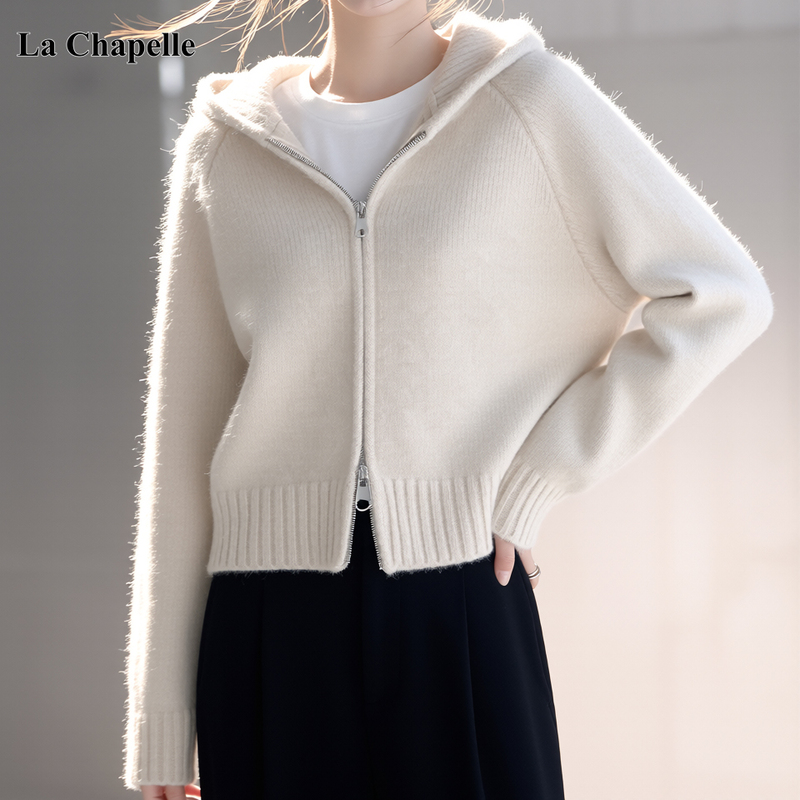 La Chapelle Loose Long-Sleeved Knitted Hooded Cardigan for Women in Autumn and Winter, Thickened High-End Double Zipper Jacket Sweater