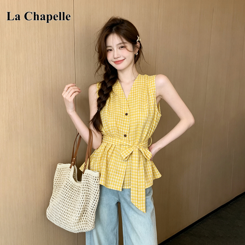 La Chapelle Plaid Sleeveless Shirt 2026 Summer New French V-Neck Sleeveless Vest Waist-Cinching Slimming Tank Top