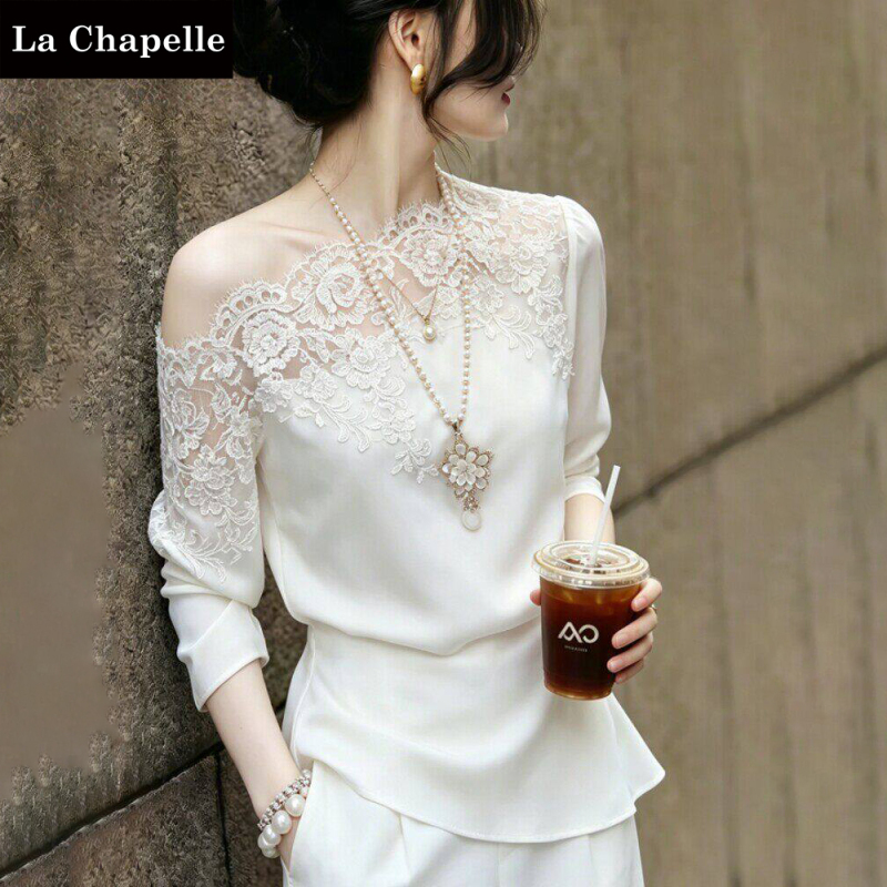 La Chapelle Commuter Style White Lace Patchwork Top for Women, New Summer Design with Unique and Elegant Flair