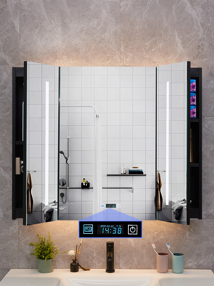 Tủ gương thông minh inox đen có đèn led âm thanh bluetooth rửa tay toilet nhà tắm treo tường tủ gương 3D tủ gương phòng tắm inox tủ gương vệ sinh 