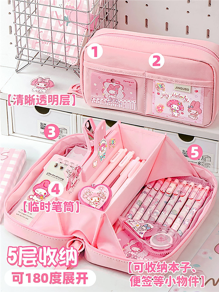 My Melody 5-Layer Extra-Large Capacity Pencil Case for Girls, Stationery Box for Female Elementary School Students, 2025 New Model Pencil Case for Middle School Students, High Aesthetic Value, Comes with Sanrio Kuromi Stickers, Transparent Girl Version