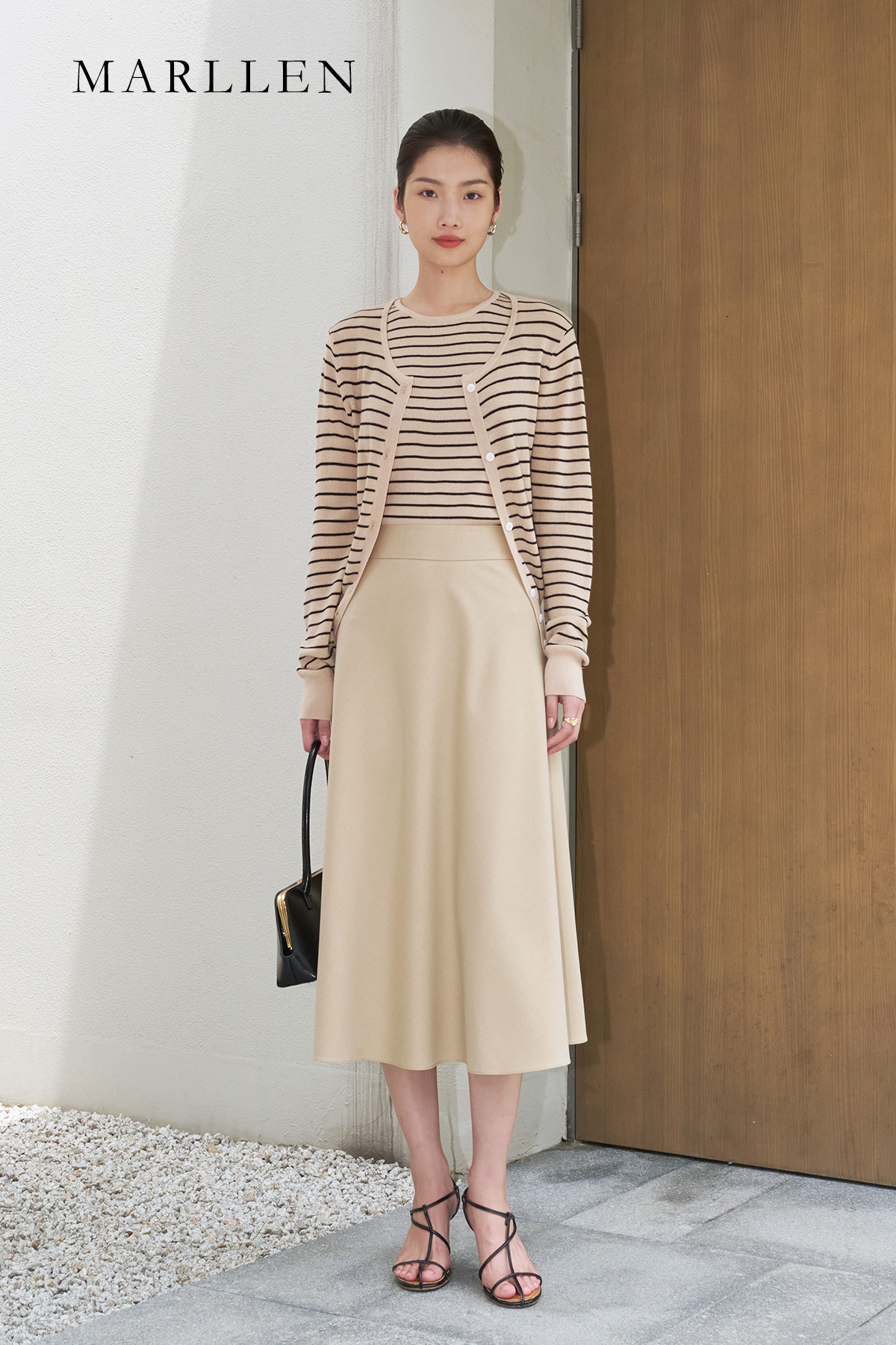 Marllen Wool Beige Striped Pearl Fiber Inner Hitch Base Knit Two Sets Ladies Thin long sleeves cardiovert