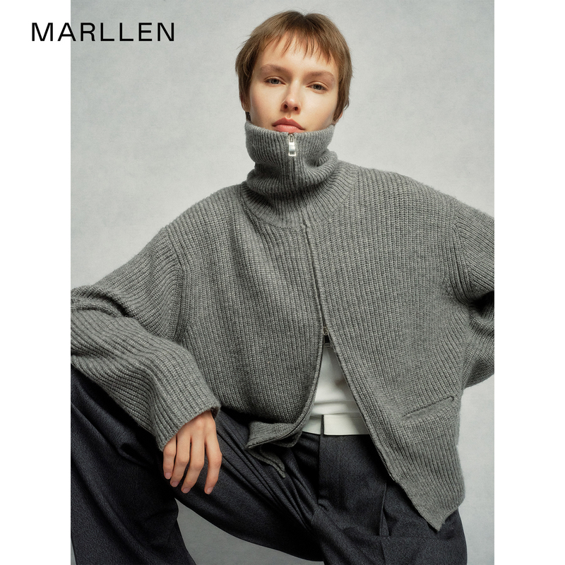 Marllen temperament into bone wool blend fabric INS wind high collar double open zipper knit cardio-hoodie-Taobao