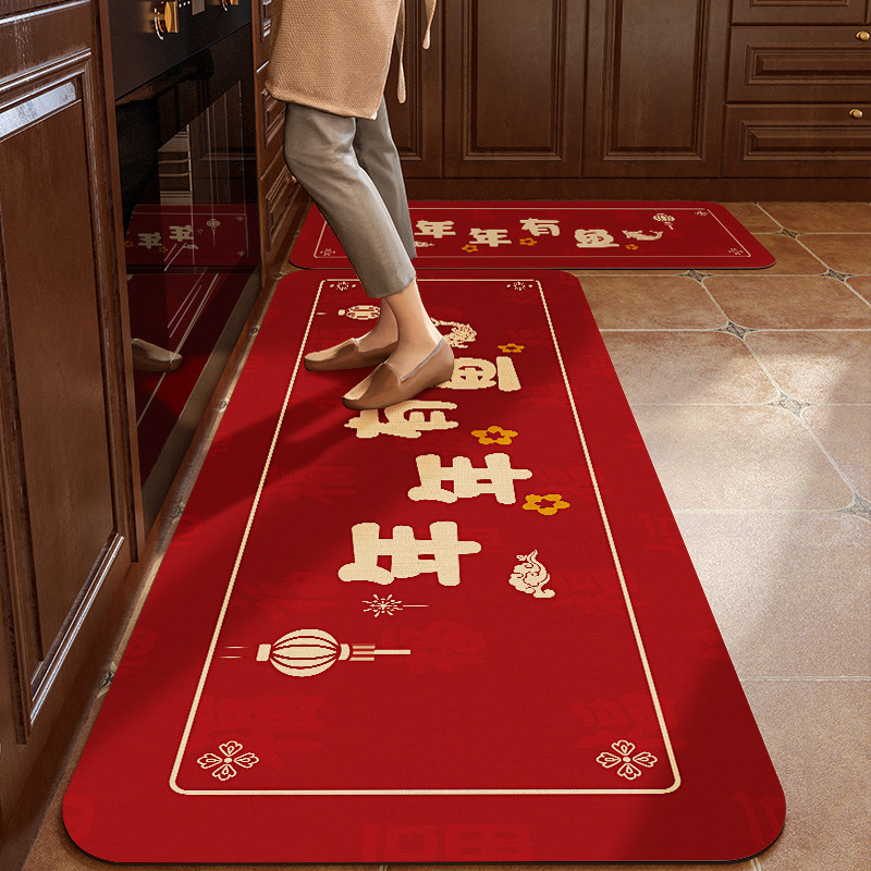 Red festive kitchen floor mats, non-slip, oil-proof, wipeable and wash-free carpets, Year of the Snake absorbent door mats, door mats