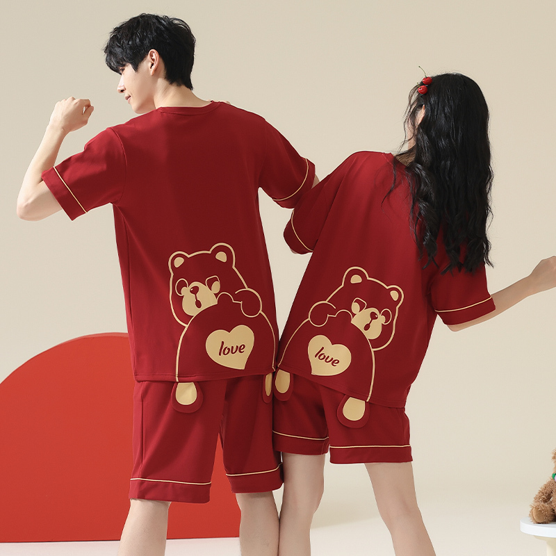 Wedding Pajamas, Newlywed Couple Set, Summer Pure Cotton Short-Sleeved Thin Style, Burgundy Festive Zodiac Year Home Wear