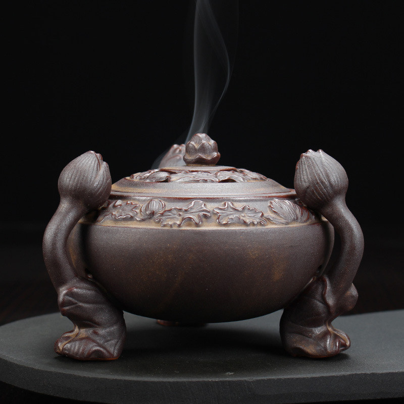Antique auspicious lotus seed core three-legged Pan incense burner ceramic incense sandalwood stove sandalwood stove household indoor bedroom incense holder ornaments
