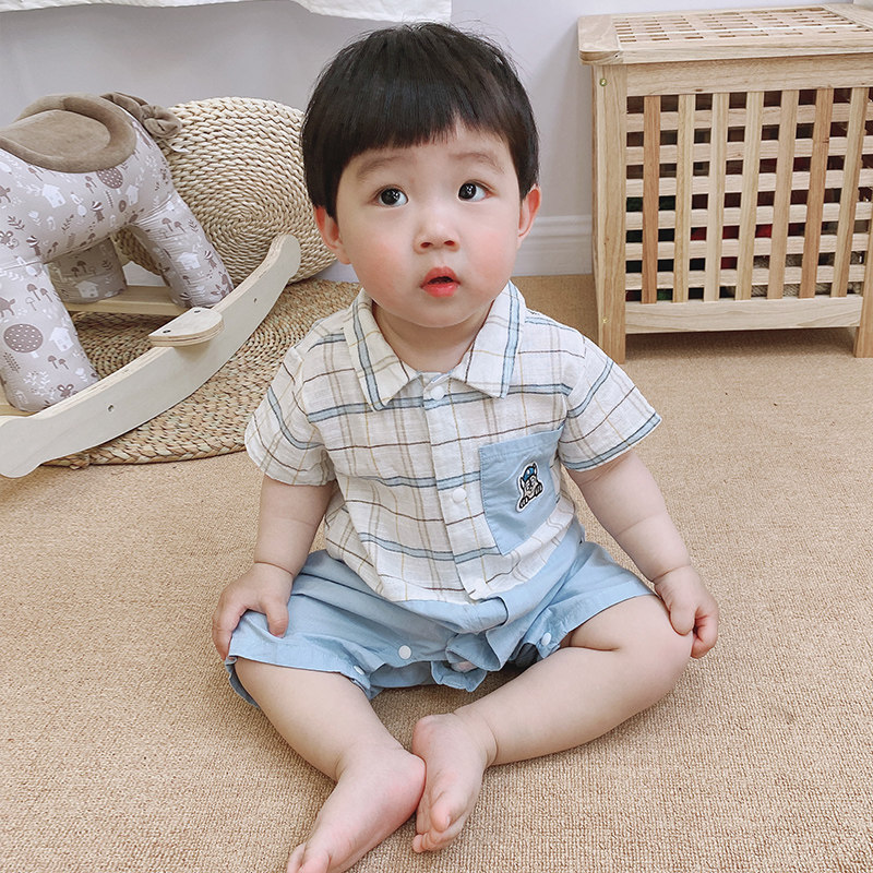 Fun leather bear baby jumpsuit summer pajamas newborn ha coat air conditioning suit women short sleeve thin male baby cotton