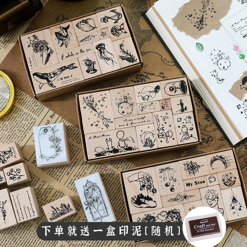 Multi-section retro wood seal suit combination multifunction English digital month hand account base material print drawing