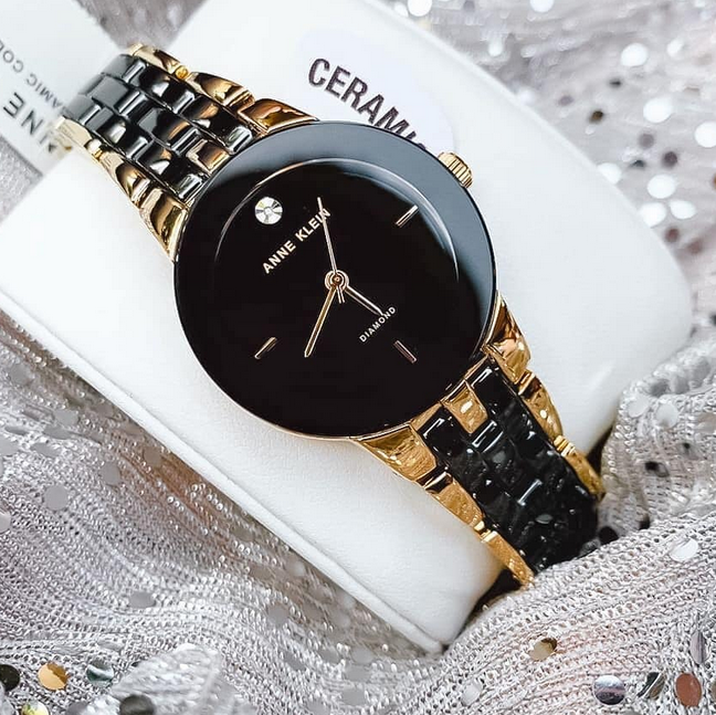 Керамический ремешок Anne Klein AK/1610BKGB, черный с золотым драгоценным вкраплением, простое темпераментное кварцевое женское часы
