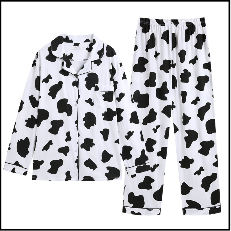 Japanese-Style Cow Print Couple's Plus-Size Pajamas for Women, Spring and Autumn Long-Sleeved Student Style, Men's Loungewear Set