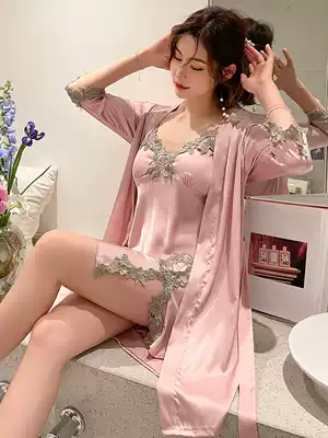2021 new summer ice silk sling nightgown women sexy silk satin pajamas spring and autumn thin long sleeve two piece robe