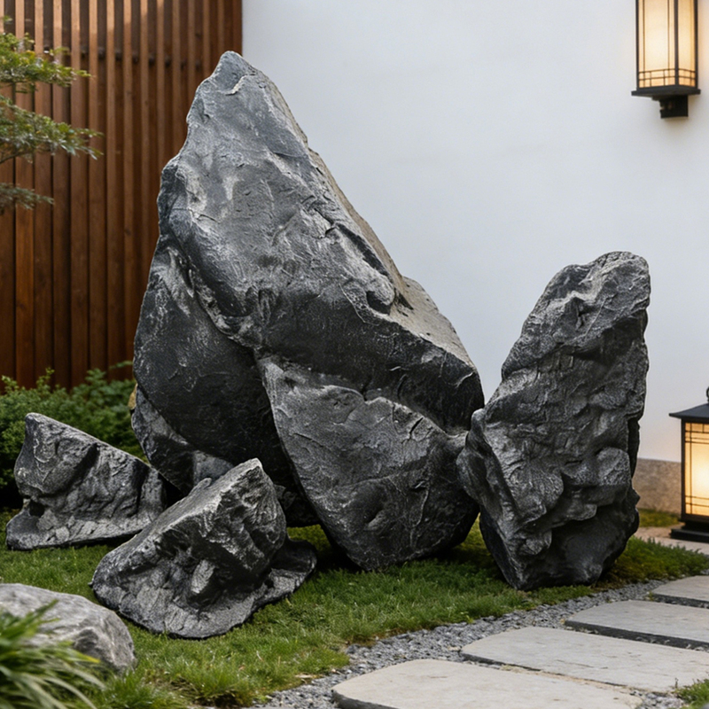Simulated Black Mountain Stone Ornaments for Indoor Micro-Landscapes, Hollow Stone Decorations, Outdoor Fiberglass Artificial Stone Landscaping