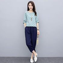 2020 Summer new womens pants retro literary temperament T-shirt casual pants two-piece cotton linen suit women