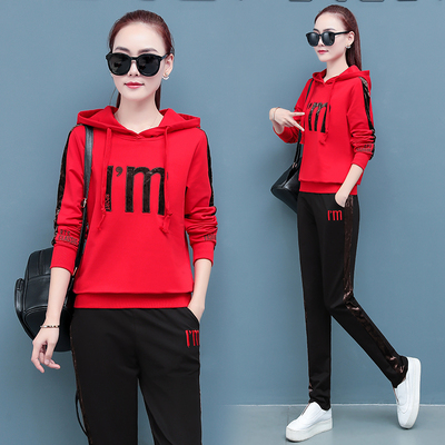女士春季运动套装显瘦连帽卫衣卫裤两件套