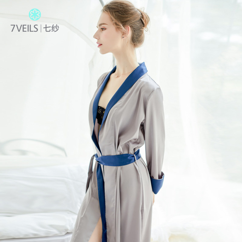 Satin robes female spring and autumn French bride morning robe men and women couples long version of pajamas female sexy bathrobe home clothes