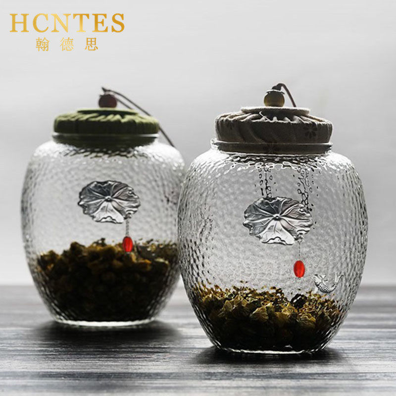 HCNTES inlaid silver glass tea tin sealed jar household transparent covered ancient cork high-end Chinese style storage jar