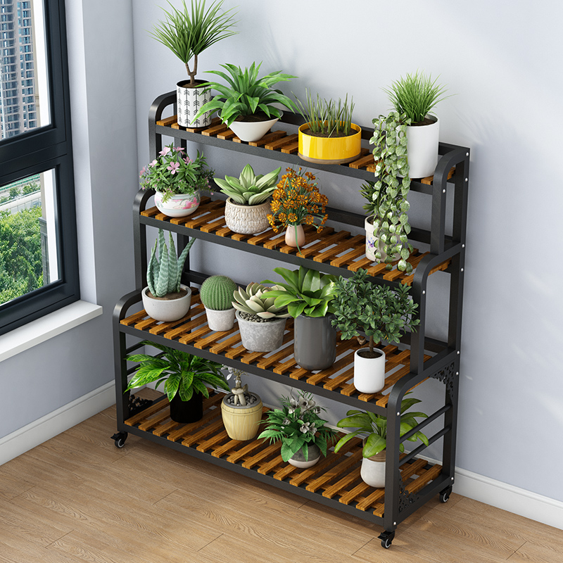 Solid wood flower frame floor floor-type multi-layer shelf outdoor balcony living room with meat iron carrot to move flower frame
