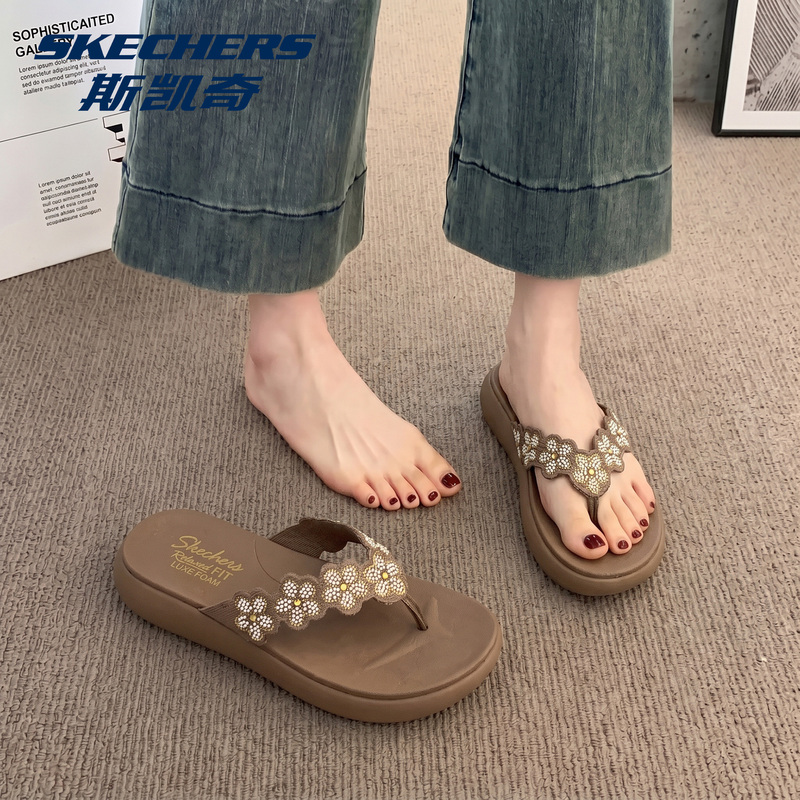 Skechers Women's Shoes, Spring New Flip-Flops, Comfortable and Lightweight Thick-Soled Slippers, Thong Sandals, Women's Flat Sandals