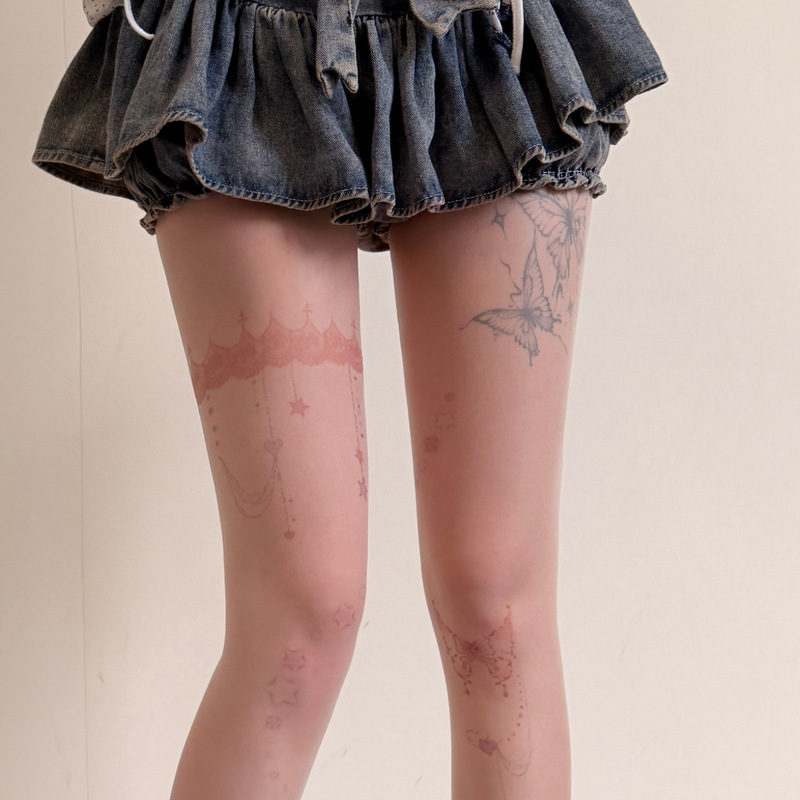 Childlike Amusement Park Hand-Painted Star and Butterfly Tattoo Stockings Summer Nude Skin Lolita Style Fake Garter Belt Base Layer