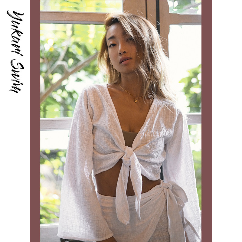 Yukari sexy bikini swimsuit women's outer drape wrap skirt ins wind sunscreen blouse three-piece set