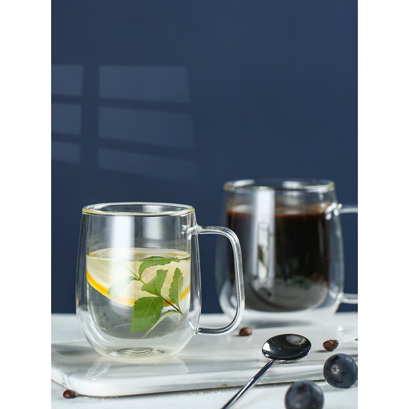 Double layer transparent thermal insulation thickened glass transparent water glass office Brief frescoes frescoed coffee cup children home