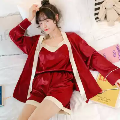 Pajamas women's summer ice silk suspender shorts thin three-two-piece suit nightgown real silk sexy summer home wear