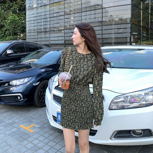 Ретро лонгслив, платье, юбка, мини-юбка, коллекция 2022, осенний, подходит для подростков, французский ретро стиль, по фигуре, цветочный принт