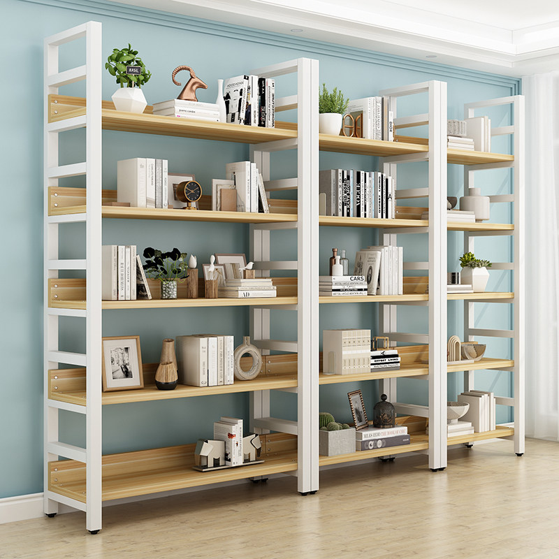 Bookshelf floor-to-ceiling simple steel wood multi-layer rack simple home living room wrought iron shelf storage against the wall rack