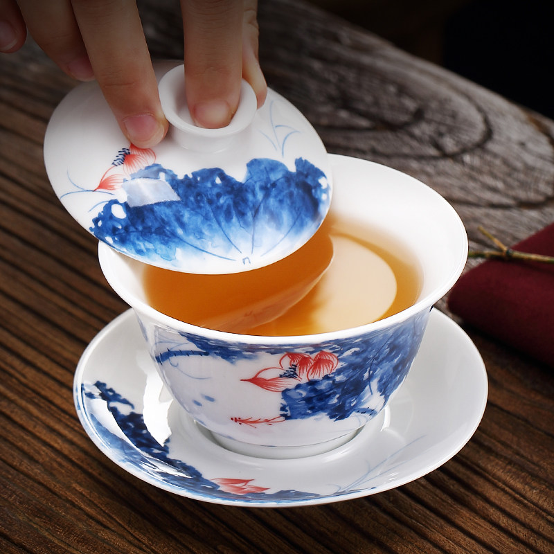 Painted Jingdezhen blue and white porcelain cover bowl teacup ceramic Sancai tea bowl set household tea making kung fu tea set single