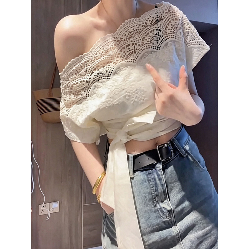 French-Style Off-Shoulder Lace Patchwork Short-Sleeve Shirt for Women, Summer Slimming Tie-Waist Irregular Off-Shoulder Top French-Style Off-Shoulder Lace Patchwork Short-Sleeve Shirt for Women, Summer Slimming Tie-Waist Irregular Off-Shoulder Top