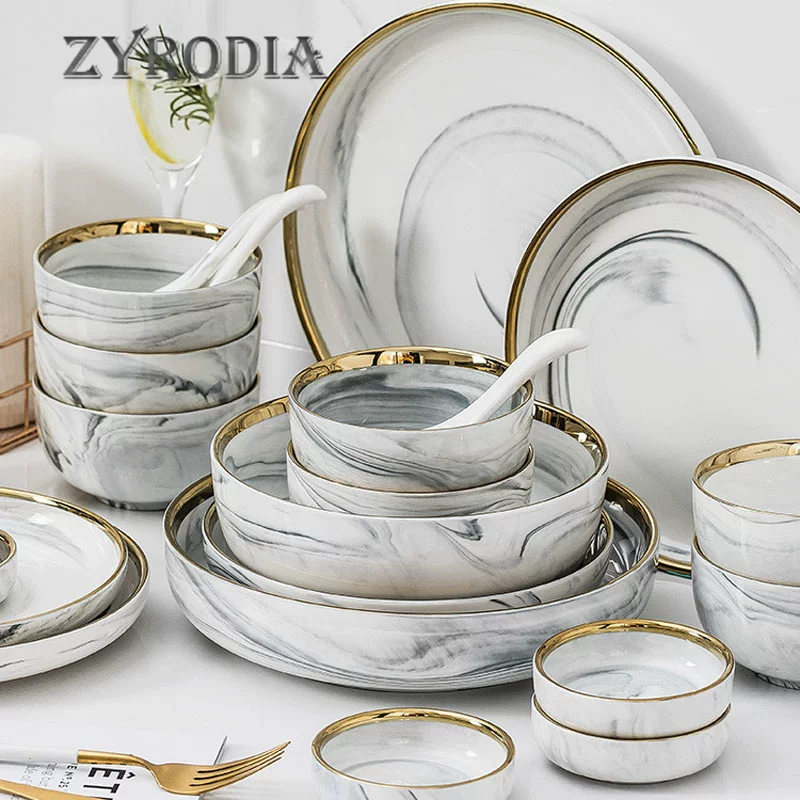 Zyrodia новая лёгкая люксовая мраморная глазурованная посуда набор с золотой каймой, скандинавская керамическая посуда