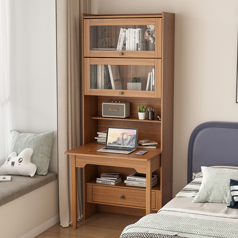 Bedroom Folding Desk Bookshelf Integrated Solid Wood Walnut Computer Desk Student Home Bookcase Small Apartment Writing Desk
