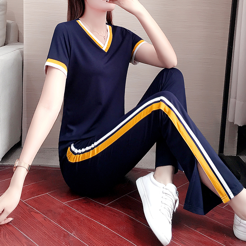 2022 summer new loose and thin fashion wide-leg trousers women's running sports suit casual wear two-piece suit