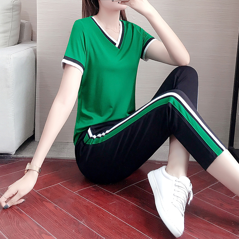 Leisure Sports Summer 2023 new fashion gas loose summer ice wire short sleeve seven shorts set two pieces
