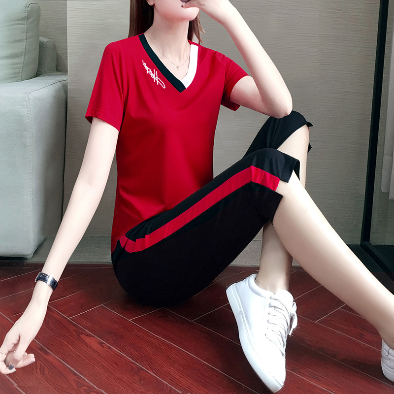 Casual Sports Suit Women 2022 Summer New Fashion Loose Short Sleeves Lady Running Suit Seven Pants Two Sets