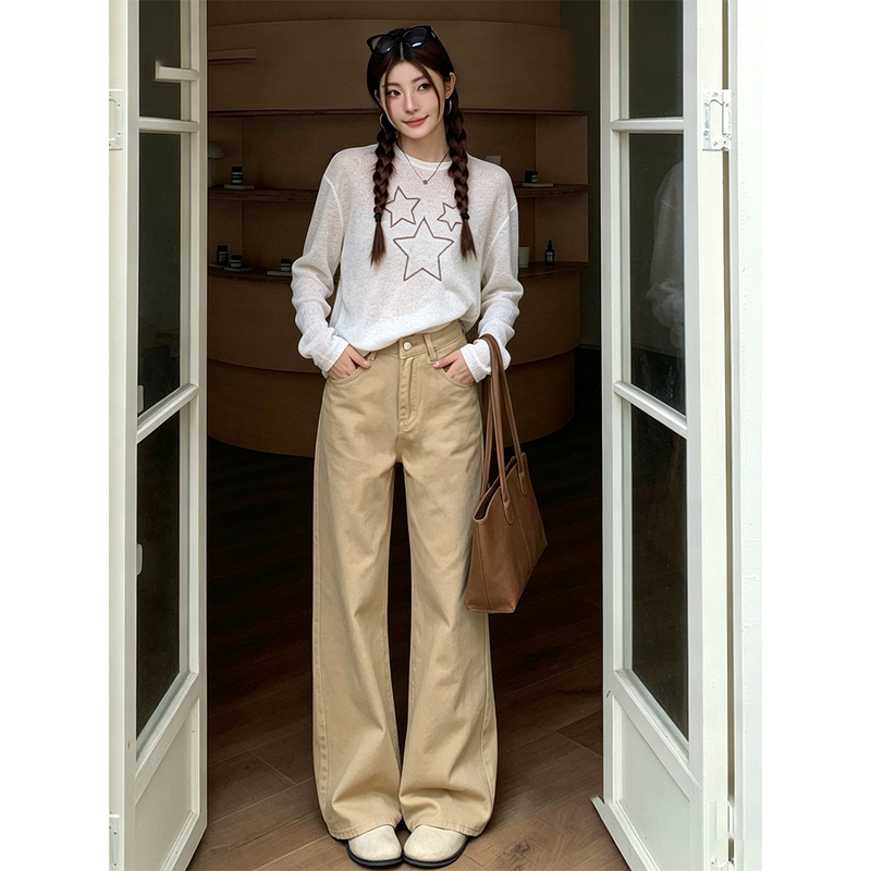Khaki High-Waisted Straight-Leg Jeans for Women, 2026 Autumn New Style, Loose Fit, Slimming, Petite Narrow Wide-Leg Pants