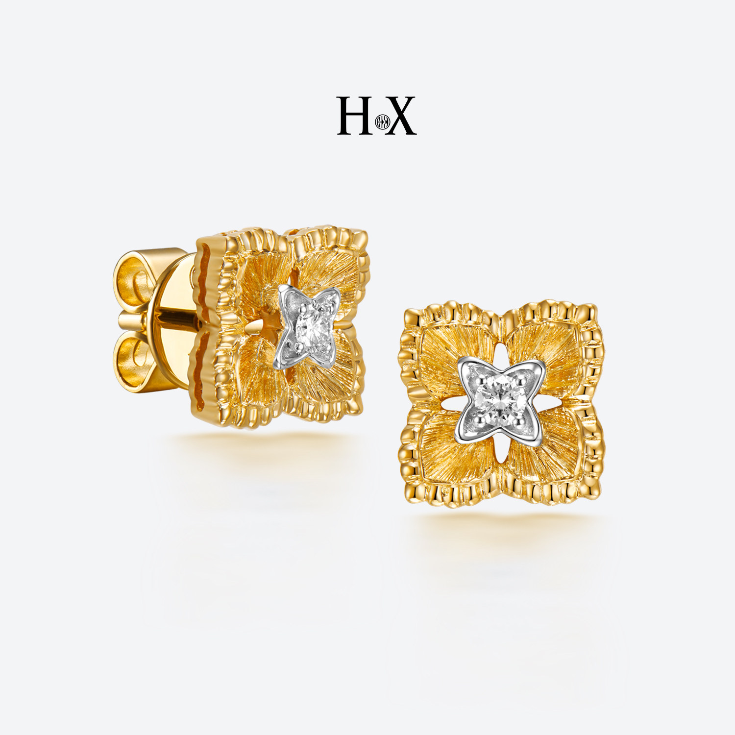 Original design 18K gold diamond ear needle women's southeast northwest origami ear needle gold four-leaf clover earring real diamond