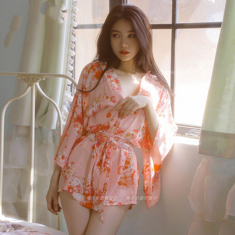 Japanese sweet cat print kimono straps waist boudoir private shooting cherry blossom pajamas pink tender fox ancient bathrobe