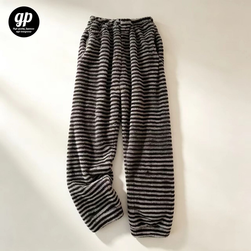 Japanese Niche Coral Fleece Striped Pajama Pants for Women, Winter Thickened Warm Flannel Long Pants, Home Pants with Double Pockets