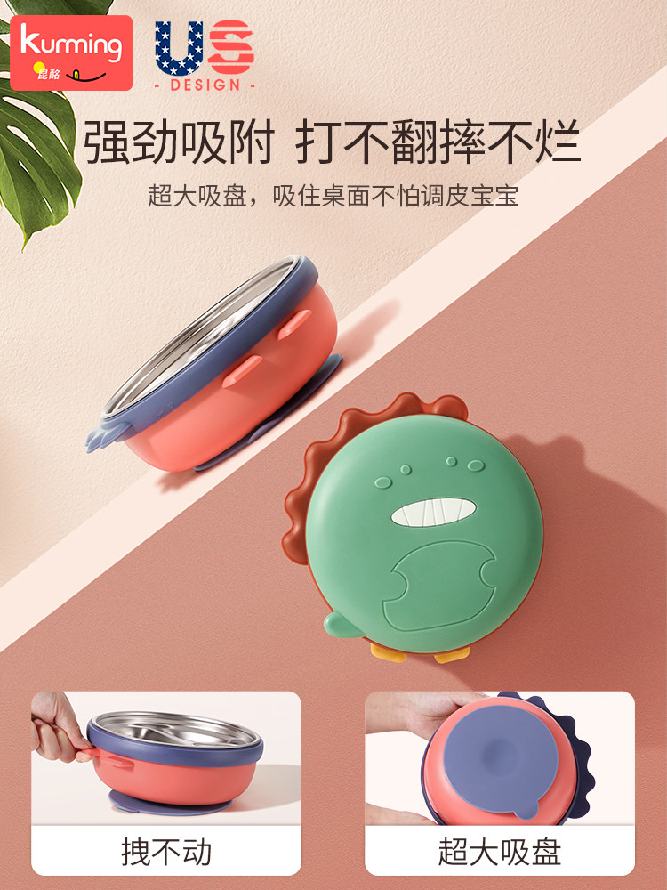 Stainless Steel Children's Dinner Plate with Suction Cup, Water-Filled Insulated Bowl, Baby Divided Plate, Infant Supplementary Food Tableware, Cartoon Design