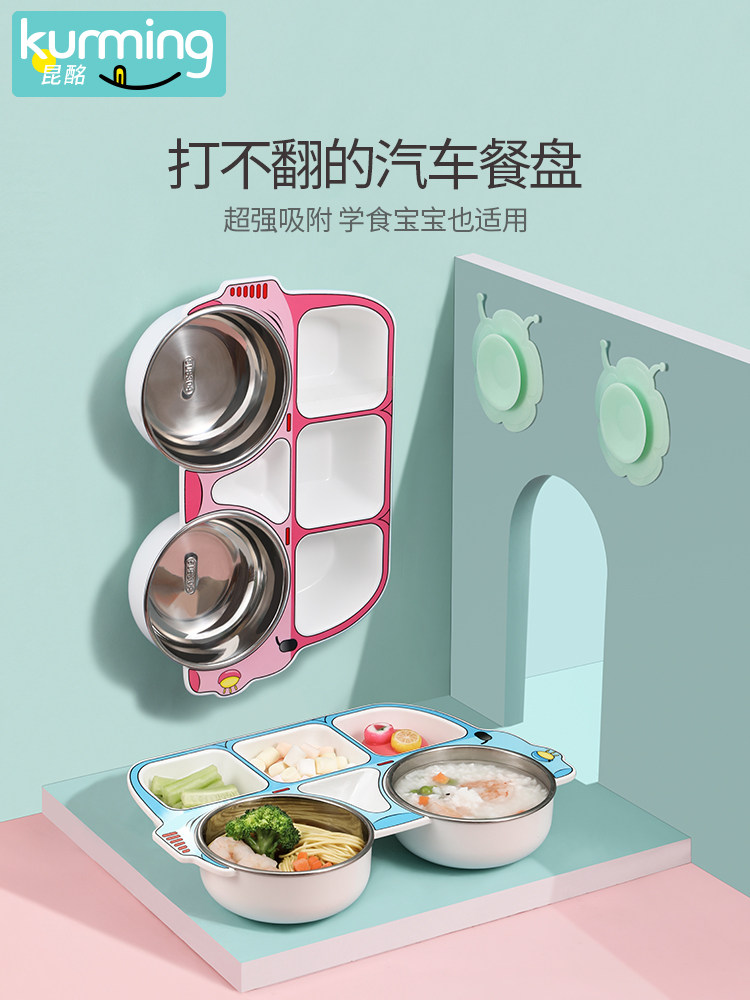 Children's Dinner Plate, Stainless Steel Baby Eating Bowl and Chopsticks, Cartoon Anti-Fall Household Spoon, Suction Cup, Divided Baby Tableware Set