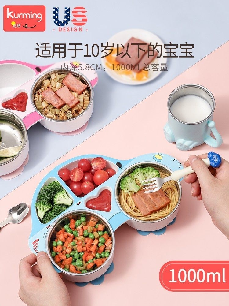 Children's Dinner Plate with Compartments, Water-Filled Insulated Bowl and Chopsticks, Cartoon Design for Boys and Girls, Stainless Steel Baby Tableware Set