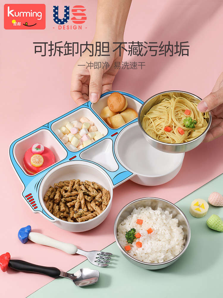 Children's Dinner Plate with Compartments, Water-Filled Insulated Bowl and Chopsticks, Cartoon Design for Boys and Girls, Stainless Steel Baby Tableware Set