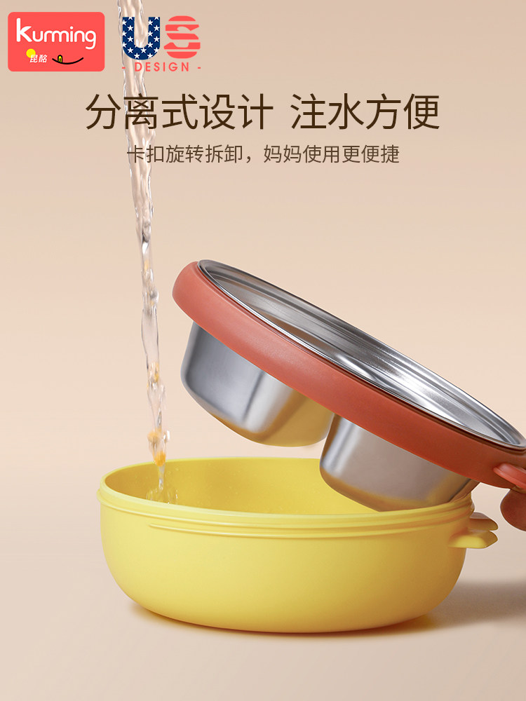 Stainless Steel Children's Dinner Plate with Suction Cup, Water-Filled Insulated Bowl, Baby Divided Plate, Infant Supplementary Food Tableware, Cartoon Design