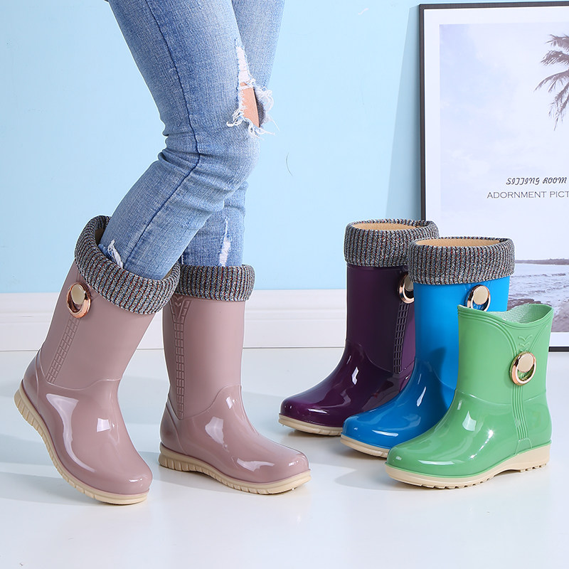 Fashion High Cylinder Ladies Water Shoes Non-slip Waterproof Wear Resistant Thick Bottom Four Seasons Long Cylinder Rain Shoes Warm Add Cotton Korean Version Rain Boots