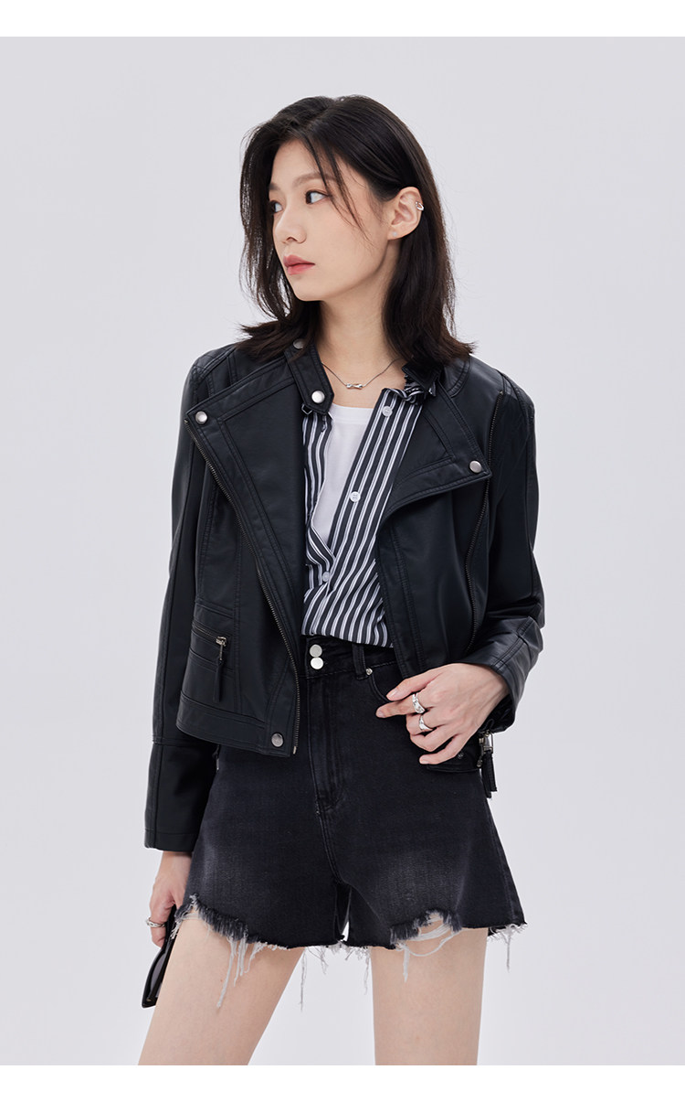Кожаная куртка 覆古斜拉炼 炼 𫔀短款机车风上衣2025新款春秋立领修身黑色pu皮衣外套女 Tnxn
